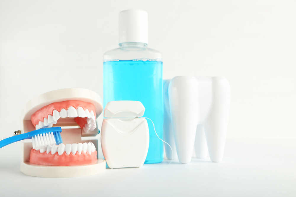 toothbrush, floss, & mouthwash next to model teeth
